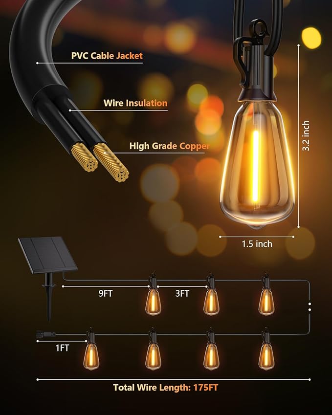 Brightown 175FT Solar String Lights Outdoor, 56+2 Shatterproof LED Lights | Waterproof, Remote Control, Dimmable, Timer, 3 Light Modes Solar Lights for Yard, Camping, Parties and Outdoor Decor