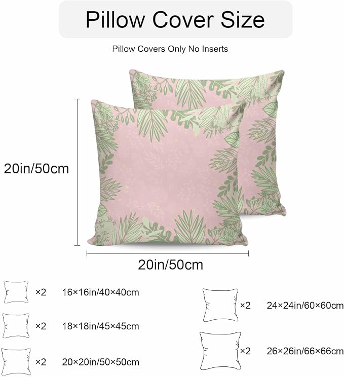 Vandarllin Outdoor Throw Pillows Covers 20x20 inch Set of 2 Waterproof Sage Green Leaves Decorative Zippered Cushion Covers for Patio Furniture, Spring Floral Plants Pink Lumbar Pillowcases