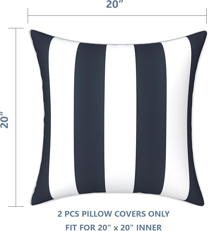 LVTXIII Outdoor Throw Pillow Covers Set of 2, Patio Waterproof Pillow Cases Fade Resistant Accent Pillow Covers for Home and Garden Furniture Decoration, 20"x20", Cabana Navy