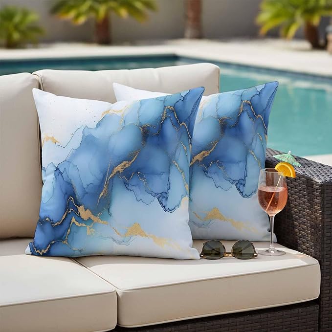 Abstract Marble Texture Outdoor Waterproof Throw Pillow Covers Set of 2, 20"x20", Gold Blue Gradient Modern Art Decoration Decorative Pillow Covers Outside Cushion Case for Patio Porch Garden