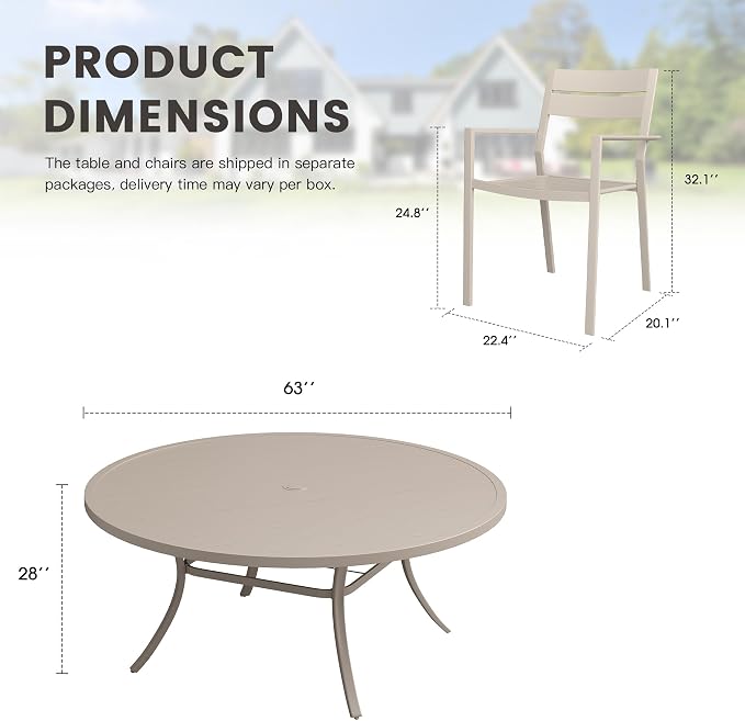 Patio Dining Set for 10, Round 63" Outdoor Dining Table and Chairs Set with Stackable Patio Chairs Outdoor Furniture for Garden Deck Backyard, Sandshell Table and Sandshell Chairs