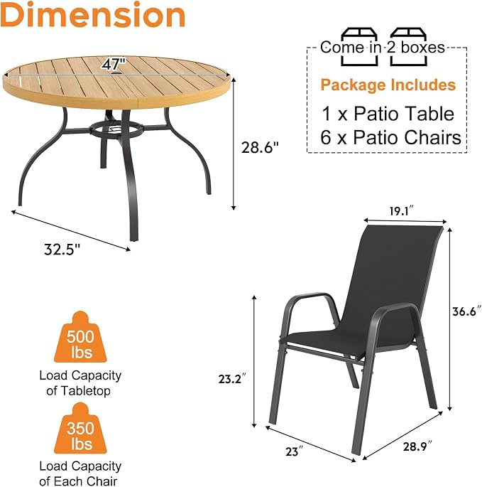 Outdoor Patio Dining Set for 6, 7 Pieces Patio Table and Chairs Set with Umbrella Hole, 47"x 47" Round Metal Wood-Grain Dining Table Set with 6 Stackable Patio Chairs for Deck , Backyard, Porch