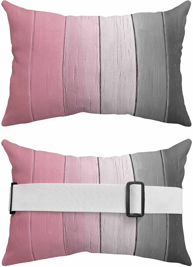 Pink Gray Ombre Outdoor Pillows for Chaise Lounge Chair Waterproof Lumbar Pillows with Insert&Adjustable Strap Beach Headrest Pillow Vintage Country Wooden Recliner Neck Pillow for Patio Pool 12"x20"