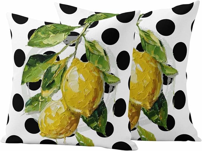 Waterproof Pillow Covers Set of 2,Summer Lemon Polka Dot Outdoor Pillow Protectors with Zipper Pillowcases for Patio Tent Garden Beach 26x26 Inches Country Fruit Oil Painting Style