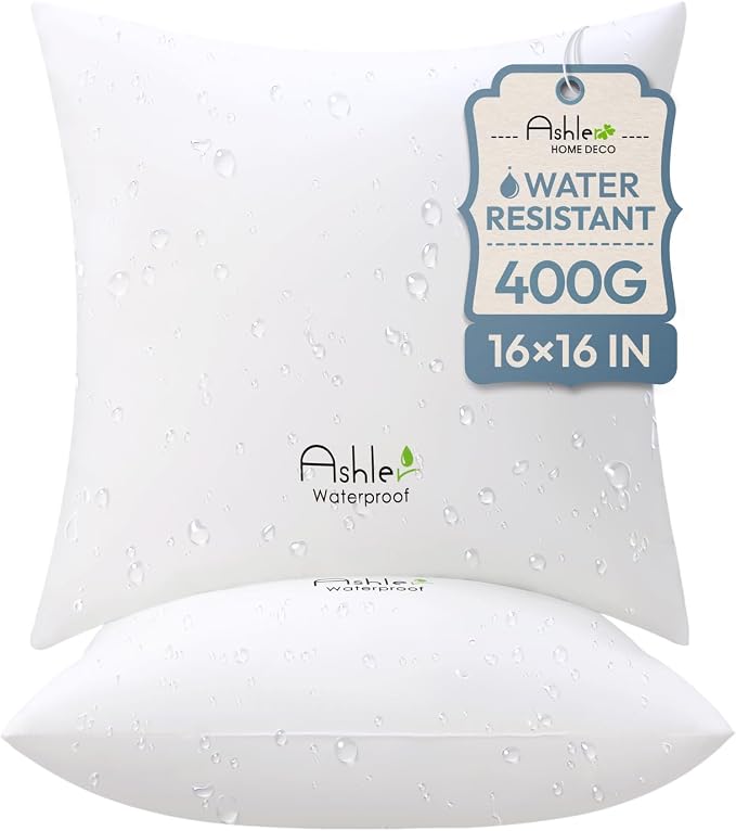 Outdoor Pillows 16 X 16 Pillow Inserts Pack of 2, Water-Resistant Decorative Premium Square Pillow Stuffer Sham Waterproof Pillow for Sofa Couch, Porch Patio Living Room Bedroom Furniture