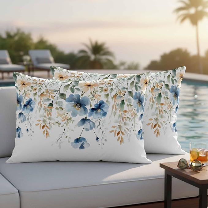 Blue Spring Floral Waterproof Outdoor Pillow Covers 20''x12'' Set of 2, Weeping Botanical Patio Furniture Summer Cushion Covers for Chairs, Decorative Wildflowers Pillow Cases for Garden/Pool/Beach
