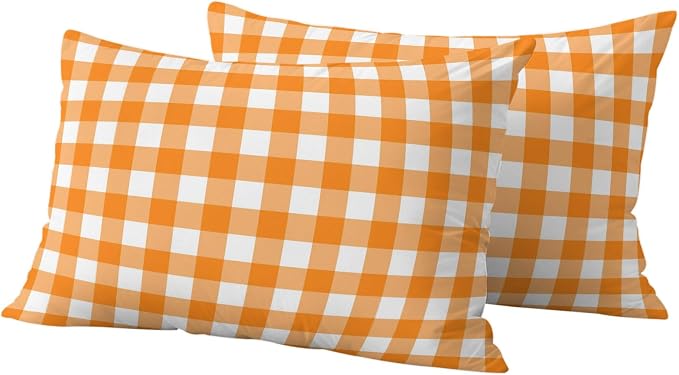 Orange Checks Outdoor Pillow Covers 20"x12" Set of 2, White Gingham Plaid Abstract Modern Summer Waterproof Throw Pillow Covers for Patio Furniture, Decorative Cushion Covers for Porch