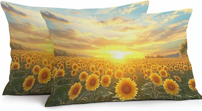 Yellow Sunflowers Waterproof Outdoor Pillow Covers Set of 2 Home Decor, Farmhouse Botanical Floral Sunset Pillowcase Patio Pillow Covers for Couch Bench Furniture Garden 20x12in