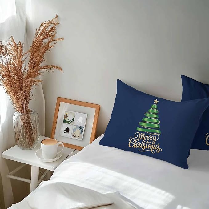 Navy Blue Christmas Tree Lumbar Pillow Covers 12 x 20 Inch, Green Xmas Tree with Star Waterproof Throw Pillow Cover Set of 2, Christmas Blue Decorative Rectangle Cushion Covers for Patio/Couch