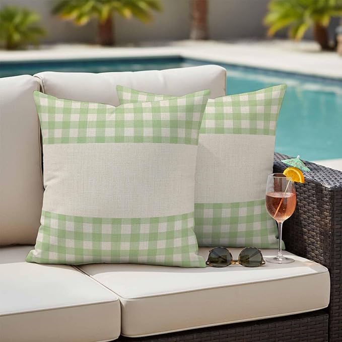 Retro Green Outdoor Waterproof Pillow Covers, Farmhouse Buffalo Plaid Vintage Beige Decorative Square Throw Pillowcase Sofa Cushion Sham for Patio/Couch/Chair, 20"x20" 2 Pack