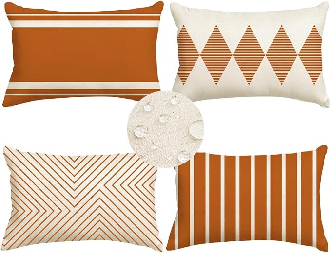 Outdoor Pillows Covers 12x20 Waterproof,Orange and Beige Set of 4(No Insert | for Covered Patio Furniture,No Insert Just Covers,Fit 12x20 inch Inserts or Smaller,Durable Polyester,Boho Lumbar