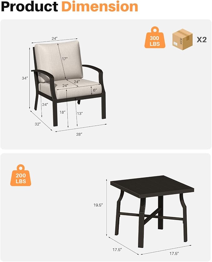3-Piece Outdoor Furniture Set, Never-Rust Aluminum Patio Sofa Set with 2 Deep-Seating Sofa Chairs and Side Table, Patio Conversation Set with Cushions for Backyard, Deck, Poolside, Dark Bronze