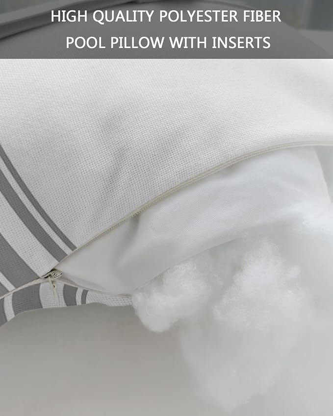 Outdoor Pillows Covers with Inserts Colorful Stripes Gray Wood Texture White Waterproof Recliner Pillow with Adjustable Strap Throw Pillows for Patio Furniture Pool Lounge Chair, 12x20 inch, 1PCS