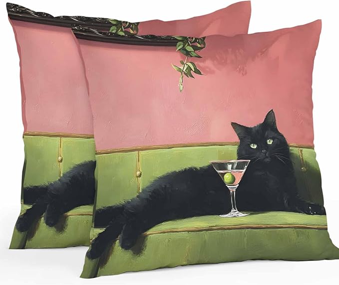 Funny Cat Outdoor Pillow Covers 18x18 Inch Throw Pillow Covers Set of 2 Waterproof Decorative Pillow Cases Vintage Wine Animals Green Sofa Pink Cushion Covers for Patio Furniture Garden Couch Sofa
