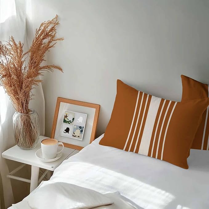 Lumbar Pillow Covers 20x12 Inch Set of 2, Burnt Orange Beige Striped Waterproof Outdoor Cushion Covers, Modern Farmhouse Retro Lines Decorative Pillowcases for Couch, Sofa, Bed, Garden, Patio