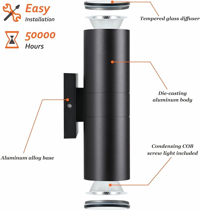 DAKAFUL Outdoor Wall Lights 4Pack, Integrated LED Cylinder Up Down Lights, 12W 2700K Aluminum Exterior Wall Light, Outdoor Light Fixture for Porch Patio Door.(Matte Black)