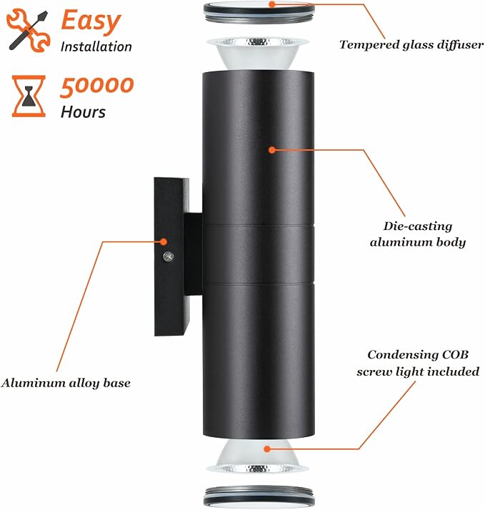 DAKAFUL Dimmable Wall Lights Outdoor 2 Packs, Integrated LED Cylinder Up Down 12W 2700K Modern Aluminum Light, Waterproof Exterior Light for Porch Patio Door
