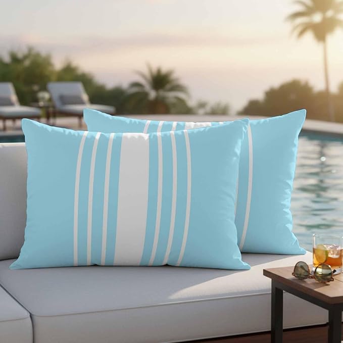 Aqua White Stripe Outdoor Pillow Covers 20x12 Inch Lumbar Pillow Covers Set of 2 Waterproof Decorative Throw Pillow Cases Modern Rustic Vertical Striped Cushion Covers for Patio Furniture Garden Couch