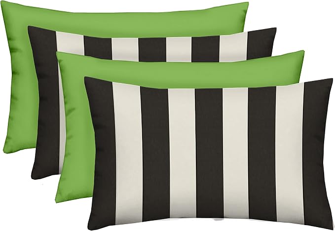 Set of 4 Indoor/Outdoor Decorative Lumbar/Rectangle Pillows - 2 Black & White Stripe and 2 Solid Kiwi Green
