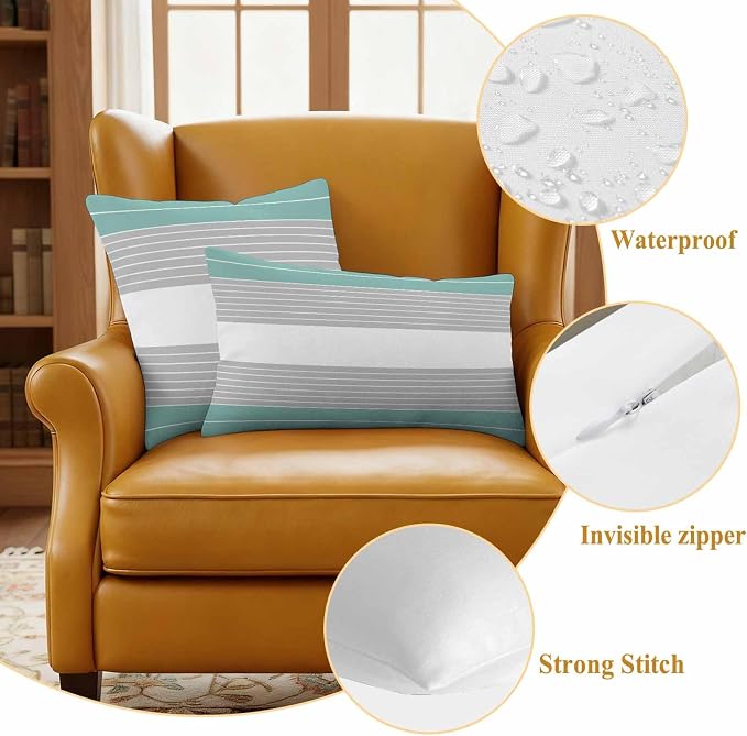 Turquoise Grey Stripe Outdoor Pillow Covers Set of 2 Gradient Line Waterproof Throw Pillow Cover Decorative Cushion Cases for Patio Porch Garden 24X24 Inch