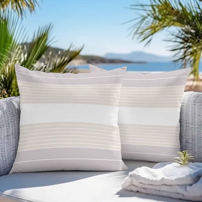 Gray Beige Stripe Outdoor Pillow Covers Waterproof, All Weather Cushion Case Set of 2, Modern Art Horizontal Striped Decorative Pillowcases for Sofa Couch Bed Decor Patio Furniture 16"x16"