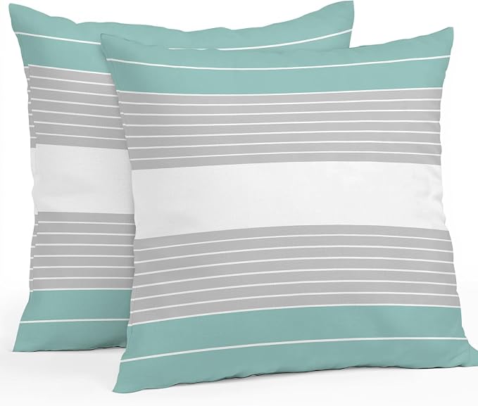Turquoise Grey Stripe Outdoor Pillow Covers Waterproof, All Weather Cushion Case Set of 2, Modern Art Horizontal Striped Decorative Pillowcases for Sofa Couch Bed Decor Patio Furniture 18"x18"