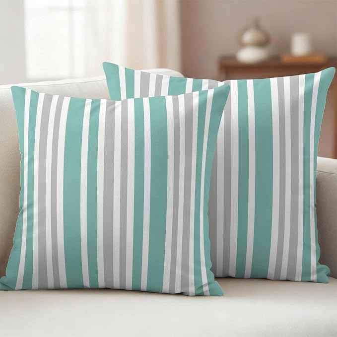 Aqua Grey Stripe Outdoor Pillow Covers 18x18 Inch Throw Pillow Covers Set of 2 Waterproof Decorative Pillow Cases Farmhouse Minimalist Striped Cushion Covers for Patio Furniture Garden Couch Sofa