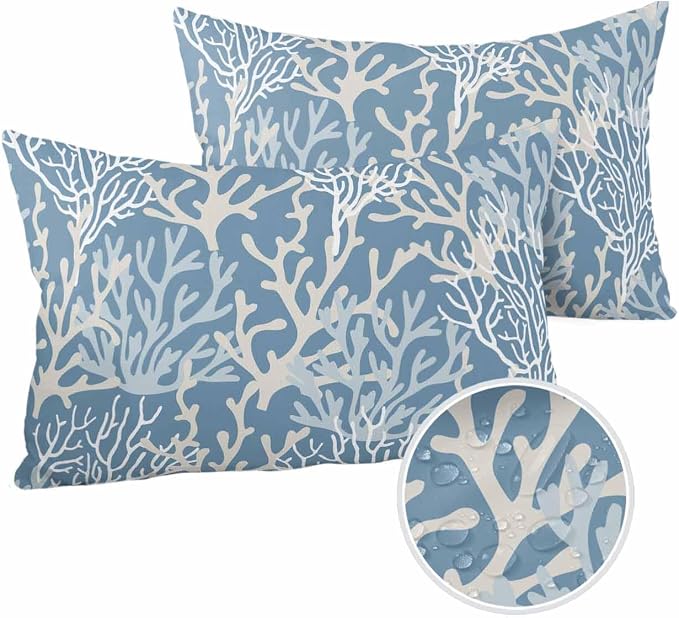 Pack of 2 Outdoor Pillow Covers 20x12 Waterproof Blue Coral Coastal Throw Pillow Covers, Decorative Pillowcases Nautical Ocean Marine Organism Cushion Covers for Patio Garden Couch Pillow Case