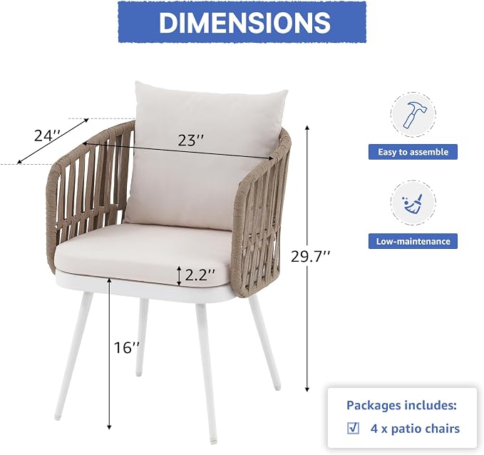 SUNSITT Patio Dining Chairs Set of 4, Outdoor Metal Dining Chairs with Woven Rope, All-Weather Patio Arm Chairs w/Cushions, Porch, Garden, White