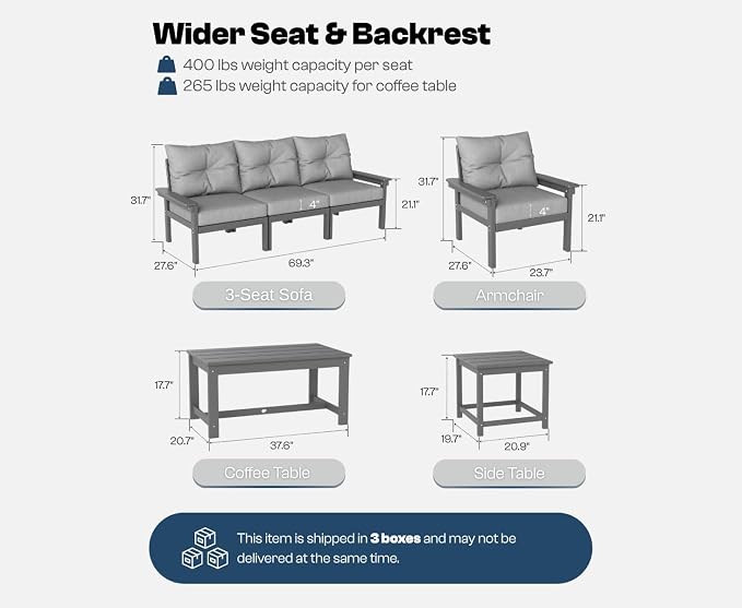 3 Piece HDPE Outdoor Patio Furniture Set, All-Weather 2 Armchairs with Side Table, Patio Conversation Set with Grey Washable Thick Cushion for Balcony/Porch/Backyard (Grey Frame)
