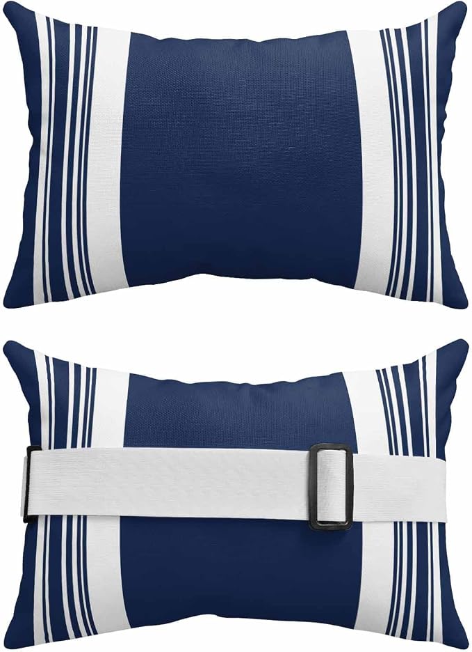Outdoor Lumbar Pillow Set of 2, Farmhouse Navy Blue Waterproof Beach Headrest Pillow with Inserts, Aesthetic Modern Line Striped Recliner Throw Pillows for Patio Furniture, 11 x 16