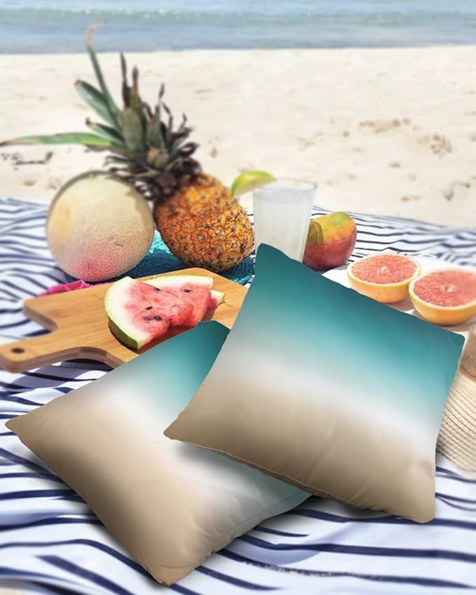 Outdoor Pillow Covers Waterproof Teal Beige Ombre Cream All Weather Cushion Case Set of 2, Modern Turquoise Abstract Art Aesthetics Decorative Pillowcases for Sofa Couch Bed Decor Patio 24"x24"