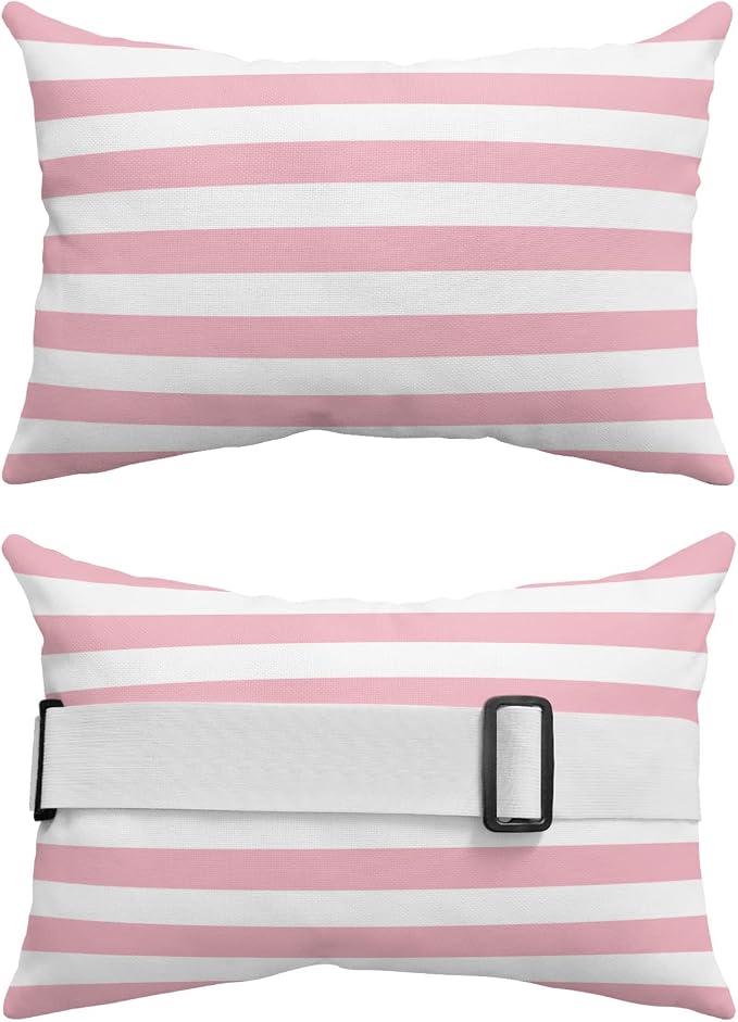 T&H XHome Outdoor Pillow for Chaise Lounge Chair, Pink and White Stripes Waterproof Headrest Pillow Lumbar Pillows with Adjustable Elastic Strap for Beach, Poolside, Patio, Office (1 Pack)
