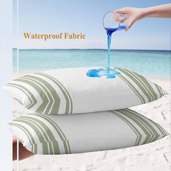 Outdoor Waterproof Throw Pillow Covers Set of 2 Sage Green Stripes Lumbar Pillowcases 20x12 Inches White Vertical Striped Decorative Pillows Cushion Case Patio Pillows for Couch Bed Chair Garden