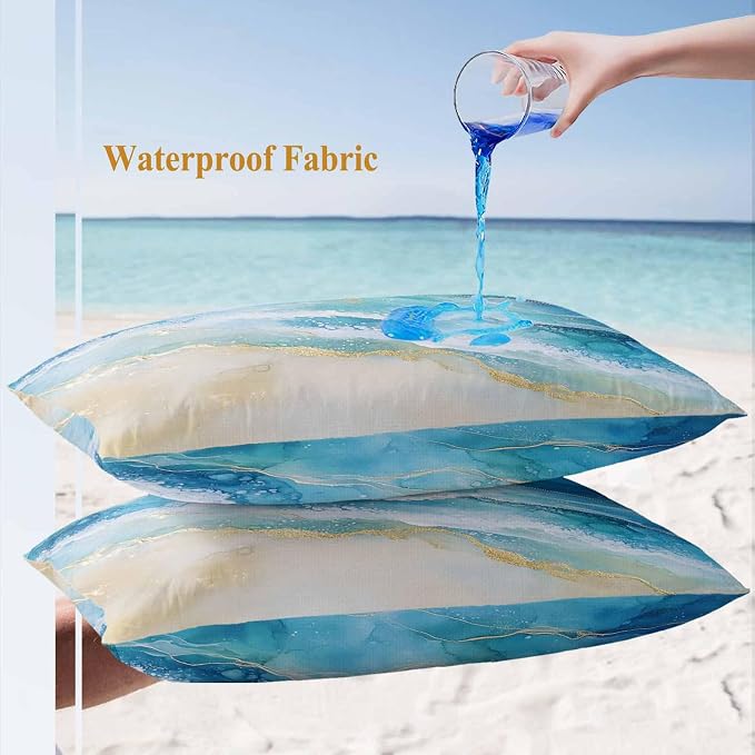 Abstract Waves Outdoor Waterproof Throw Pillow Covers Set of 2, 20"x12", Surrealism Spray Beach Ocean Watercolor Decorative Pillow Covers Outside Cushion Case for Patio Porch Garden