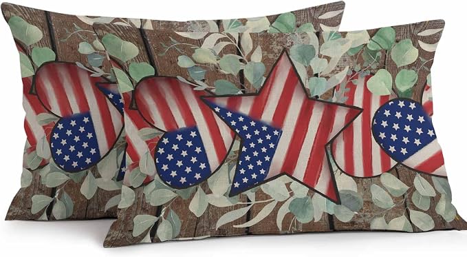 4th of July Waterproof Outdoor Pillow Covers Set of 2 Home Decor, Vintage Eucalyptus Leaf Stars Stripes Flag Pillowcase Patio Pillow Covers for Couch Bench Furniture Garden 20x12in