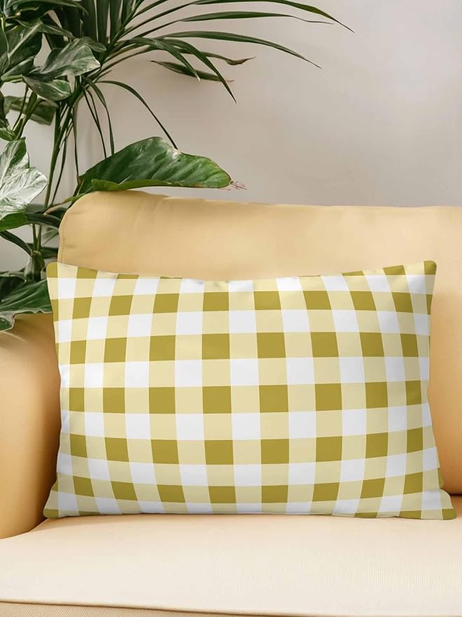 Waterproof Outdoor Pillow 1 Pack Buffalo Plaid Decorative Throw Pillows Cover & Insert 20x12 Inch Lumbar Pillowcase Yellow Check Lines Pillows for Couch Sofa Bed Patio Furniture Indoor Outdoor