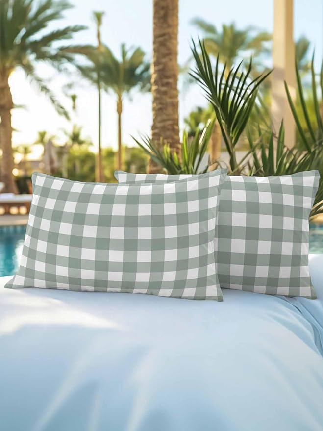 Waterproof Outdoor Pillow Set of 2 Sage Green Buffalo Plaid Decorative Throw Pillows Cover & Insert 20x12 Inch Lumbar Pillowcase Check Lines Pillows for Couch Sofa Bed Patio Furniture Indoor Outdoor