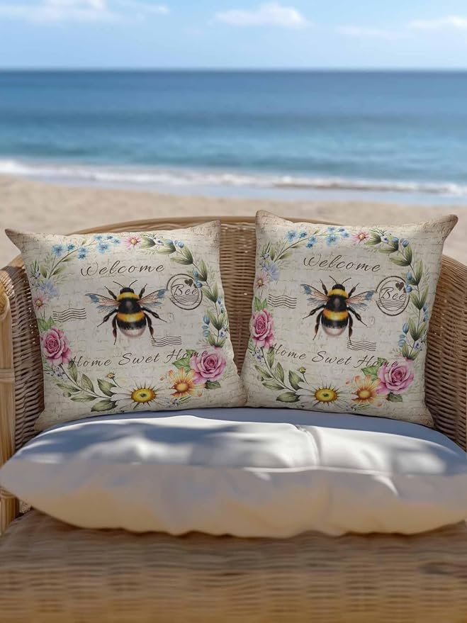 Outdoor Waterproof Throw Pillows Farmhouse Flower Leaf Wreath Patio Pillows,Decorative Pillow Covers with Insert,Pillow Cushion Case for Garden Couch Sofa Rustic Bee Retro Letter