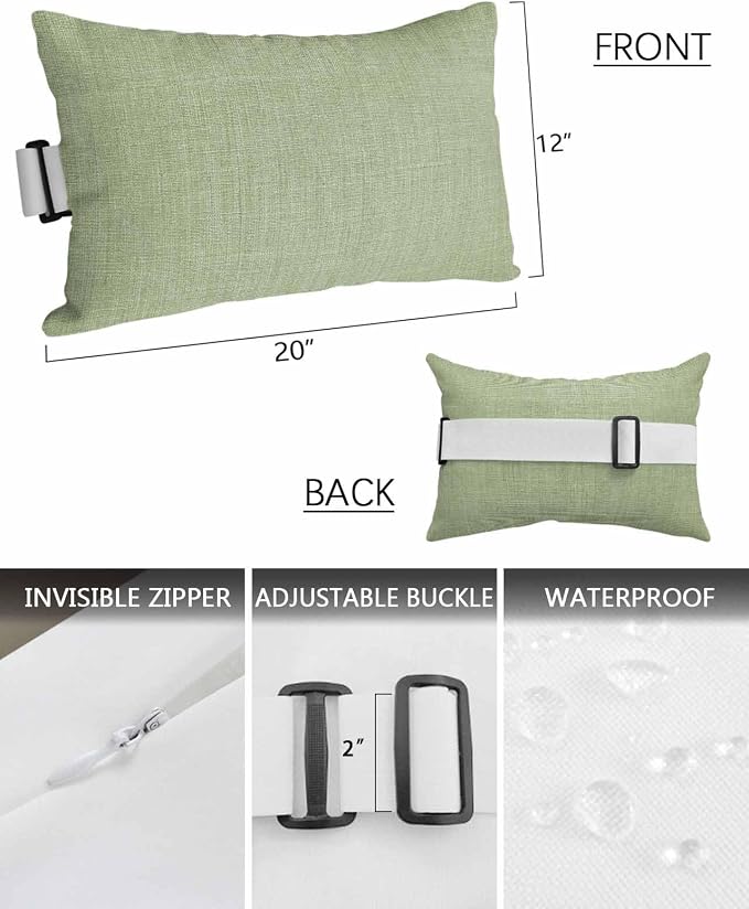 Outdoor Pillow for Chaise Lounge Chair Sage Green Rustic Vintage Burlap Texture Outdoor Pillows Waterproof with Adjustable Strap Headrest Lumbar Pillows for Garden Patio Furniture 2 Pack 12" x 20"