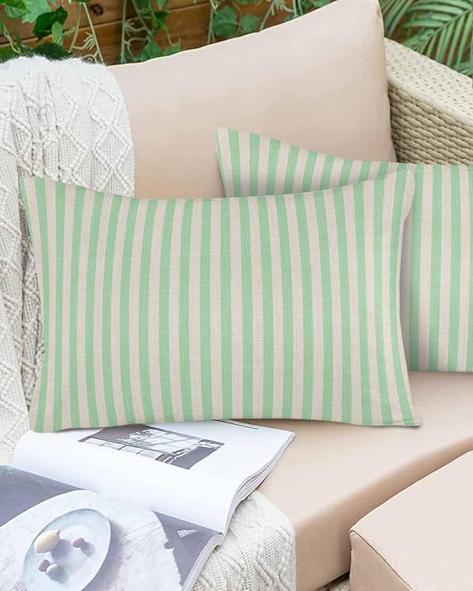 Outdoor Waterproof Throw Pillow Covers Set of 2 Green Stripes Lumbar Pillowcases 20x12 Inches Linen Classic Vertical Striped Patio Decorative Pillows Cushion Case Patio Pillows for Couch Bed Garden