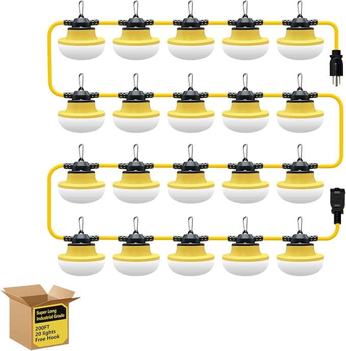 New 200FT Construction String Lights LED Industrial Grade 3Prong | Best for Construction Sites,Renovation, Walkways,Patio,Mine cave,Outdoor Lighting Solutions Use,Free for Climbing Hook