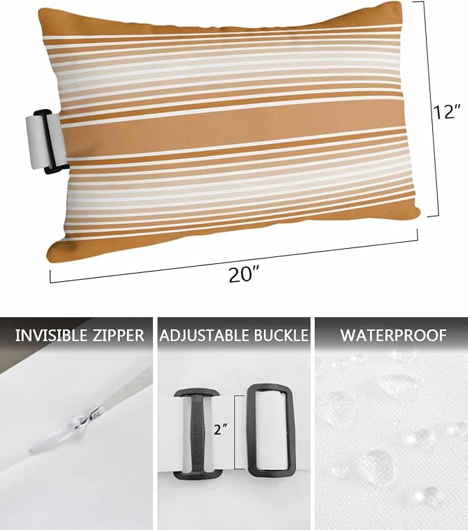 Pack of 4 Outdoor Lumbar Pillow Covers 12x20 Inch, Burnt Orange Striped Waterproof Throw Pillow Covers Set, Orange Ombre Farmhouse Stripes Indoor&Outdoor Decorative Cushion Cases for Patio Porch Car