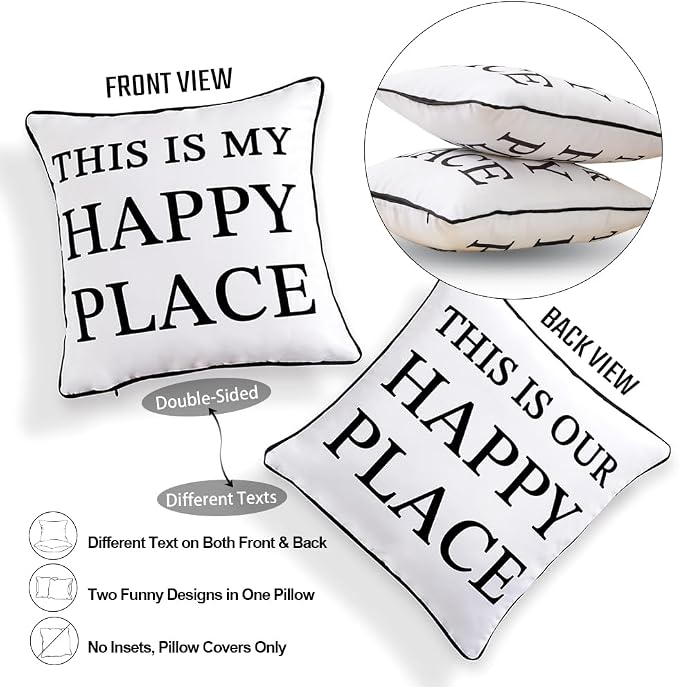 Porch Decor White Outdoor Pillow Cover Waterproof 18x18, Double-Sided Print | This Is Our & My Happy Place Sign, Set of 2, 18 x 18 Outdoor Pillows, Porch Decorations Outdoor, Outdoor Decor for Patio