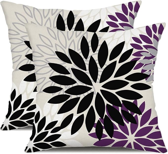 DFXSZ Outdoor Waterproof Pillow Covers 18x18 Set of 2 Black Purple Flower | Spring Summer Waterproof Flower Throw Pillowcases（No Inserts）Outdoor Decor for Patio Funiture Garden Polyester Covers