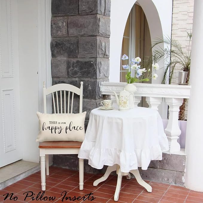 Front Porch Decor Cream Outdoor Lumbar Pillow Covers Waterproof 12x20 | Set of 2, No Inserts, Weather Resistant, Patio Furniture, Minimalist Neutral Home Decor, This Is Our Happy Place Sign
