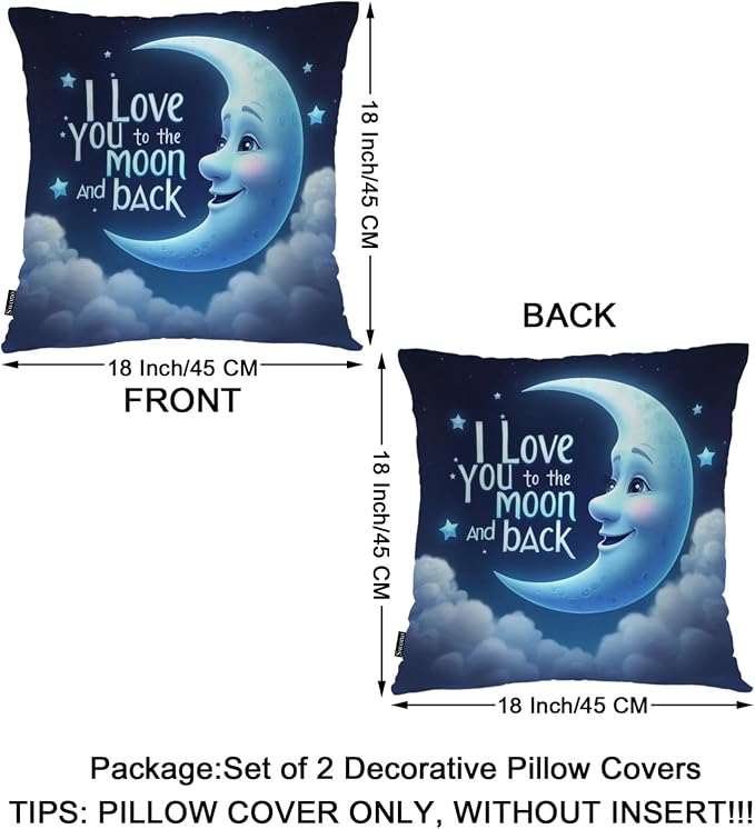 Swono Moon Blue Pack of 2 Throw Pillow Cases, I Love You The Moon and Back Cozy Pillow Cover Square 18"X18" Cushion Case Set Pillowcase Decorative for Home Sofa Bedroom Car Office, Love Phrase