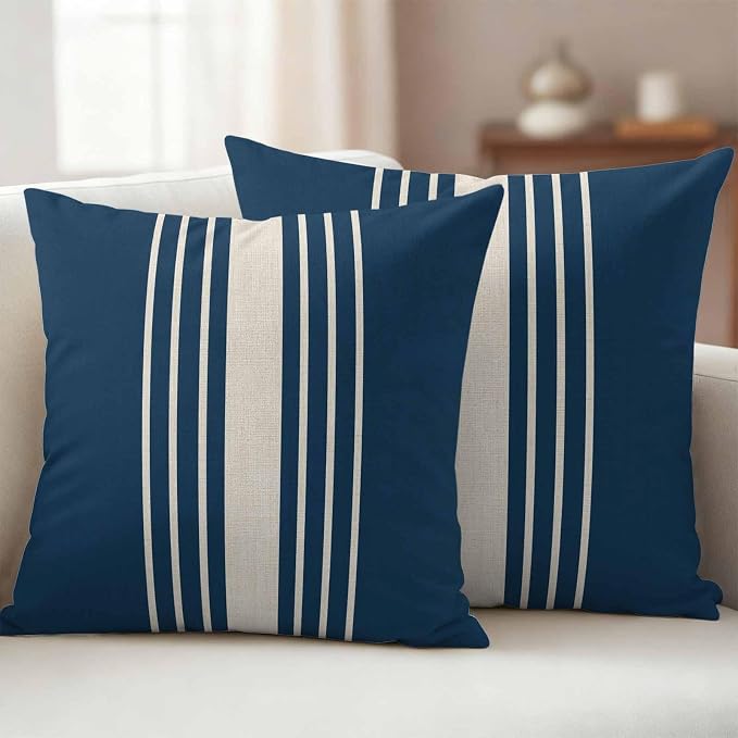 Navy Blue Beige Striped Outdoor Pillow Covers 24x24 Inch Throw Pillow Covers Set of 2 Waterproof Decorative Pillow Cases Modern Farmhouse Retro Lines Cushion Covers for Patio Furniture Garden Couch