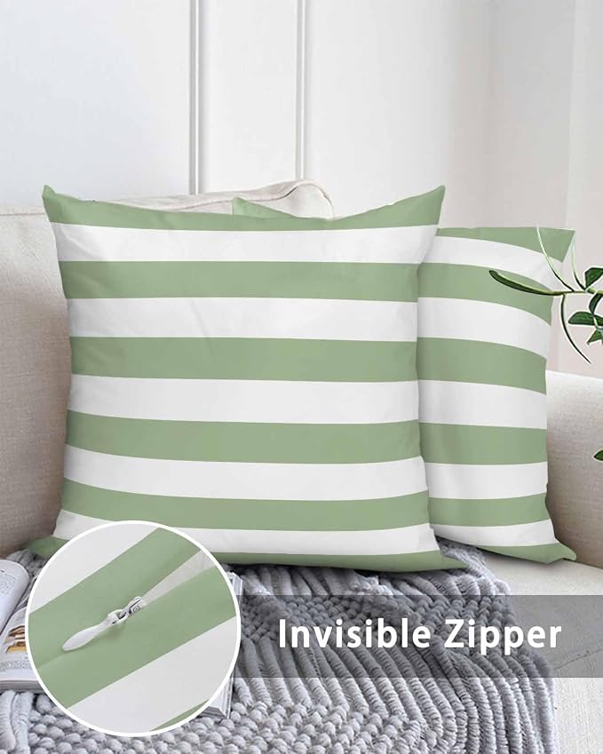 Outdoor Waterproof Throw Pillows Sage Green White Stripes Horizontal Lines Patio Pillows Pack of 1,Decorative Pillow Covers with Insert,Pillow Cushion Case for Garden Couch Sofa Modern Minimalism