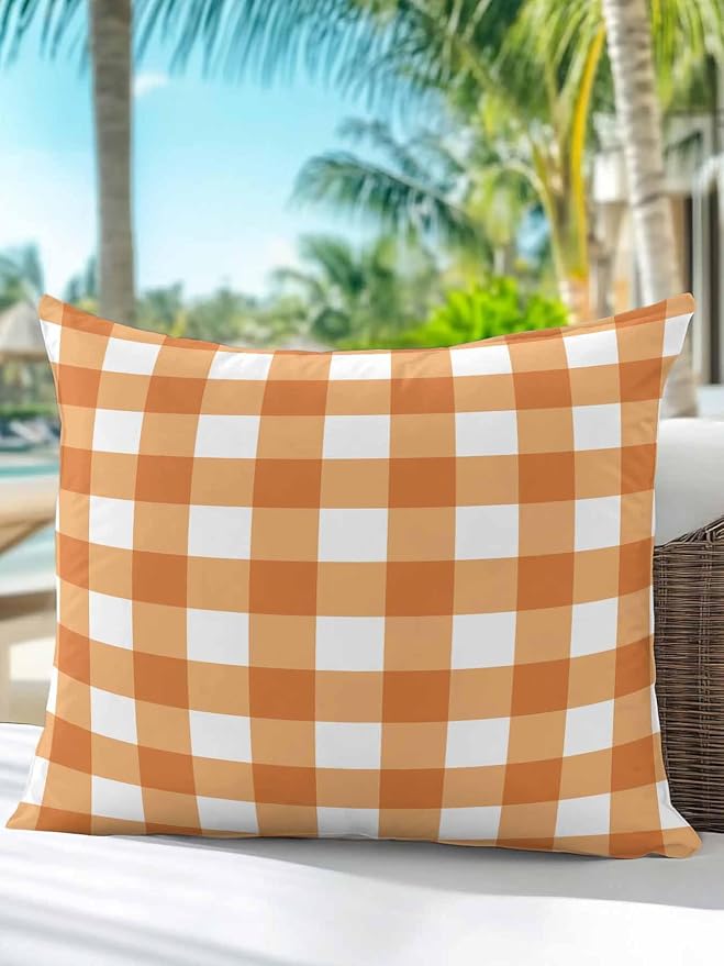 Waterproof Outdoor Pillow 1 Pack Orange Buffalo Plaid Decorative Throw Pillows Cover & Insert 18x18 Inch Pillowcase Check Lines Square Pillows for Couch Sofa Bed Patio Furniture Indoor Outdoor
